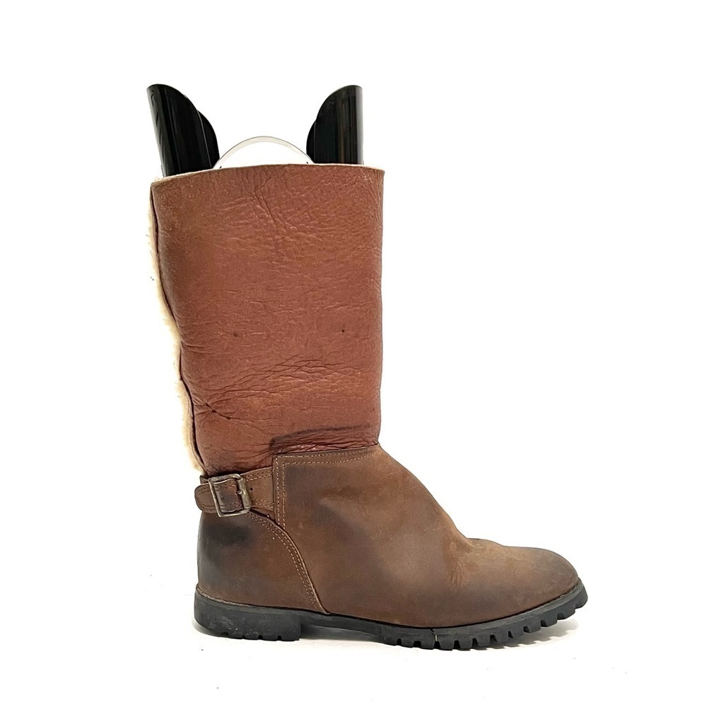 Vintage Y2K women’s brown nubuck leather fleece lined buckle winter boots